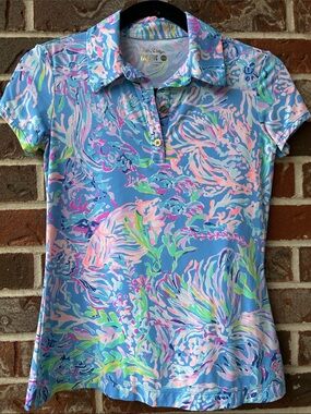 Lilly Pulitzer Blue Polo Shirt with Neon Pink & Green Fish Sea Star Seahorses